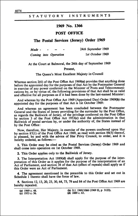 The Postal Services (Jersey) Order 1969