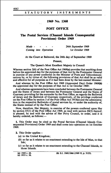 The Postal Services (Channel Islands Consequential Provisions) Order 1969