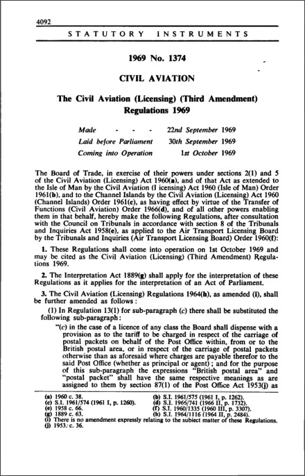 The Civil Aviation (Licensing) (Third Amendment) Regulations 1969