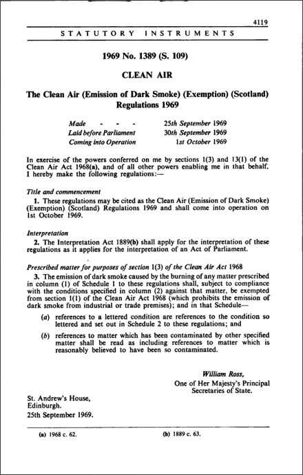 The Clean Air (Emission of Dark Smoke) (Exemption) (Scotland) Regulations 1969