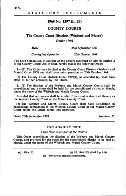 The County Court Districts (Wisbech and March) Order 1969