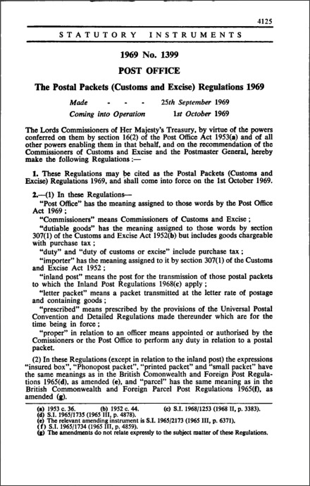 The Postal Packets (Customs and Excise) Regulations 1969