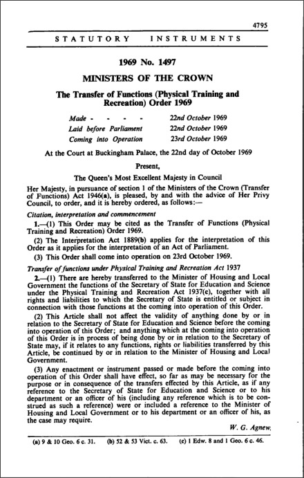 The Transfer of Functions (Physical Training and Recreation) Order 1969