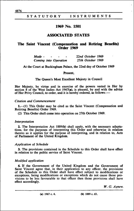 The Saint Vincent (Compensation and Retiring Benefits) Order 1969