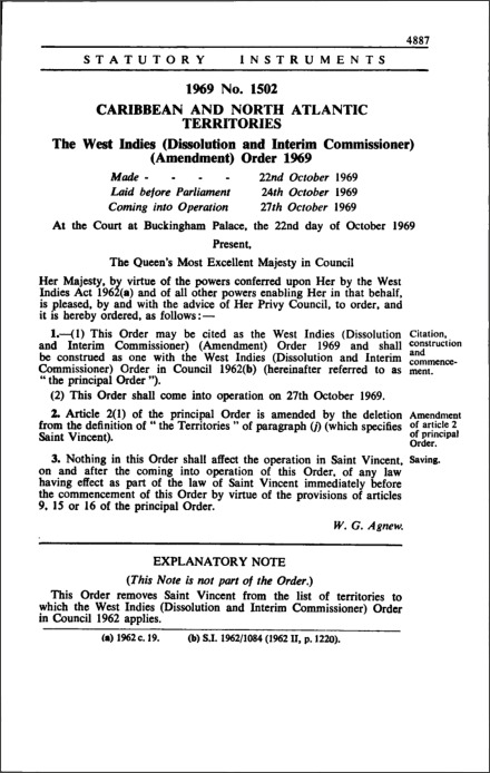 The West Indies (Dissolution and Interim Commissioner) (Amendment) Order 1969