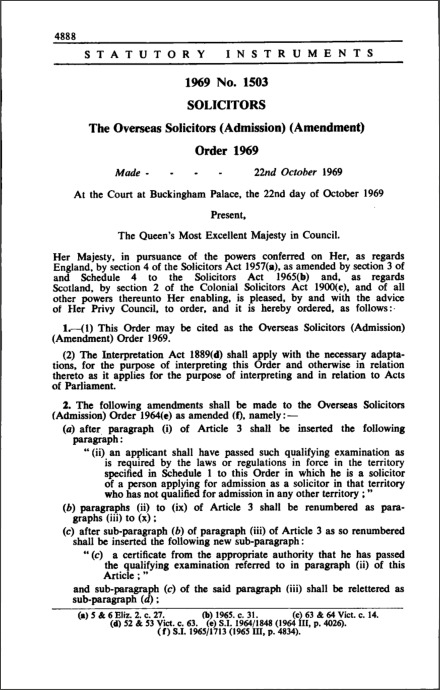 The Overseas Solicitors (Admission) (Amendment) Order 1969