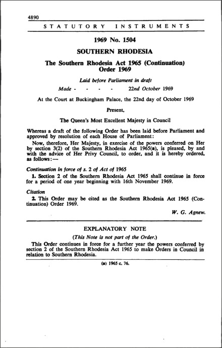 The Southern Rhodesia Act 1965 (Continuation) Order 1969