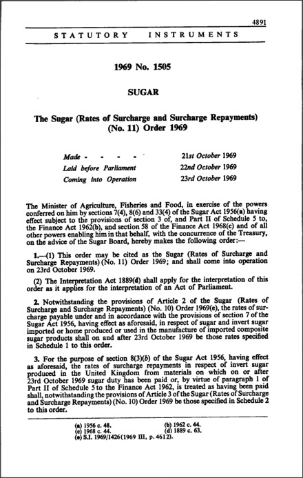 The Sugar (Rates of Surcharge and Surcharge Repayments) (No. 11) Order 1969
