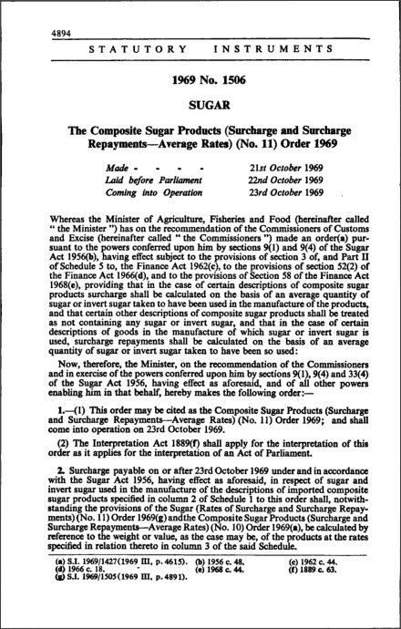 The Composite Sugar Products (Surcharge and Surcharge Repayments-Average Rates) (No. 11) Order 1969