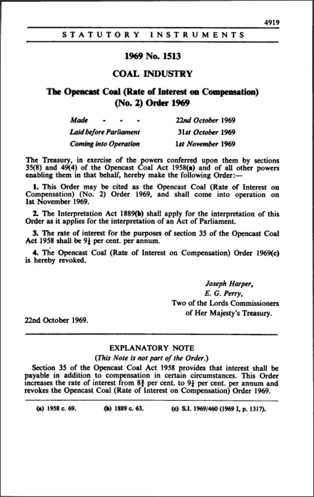 The Opencast Coal (Rate of Interest on Compensation) (No. 2) Order 1969