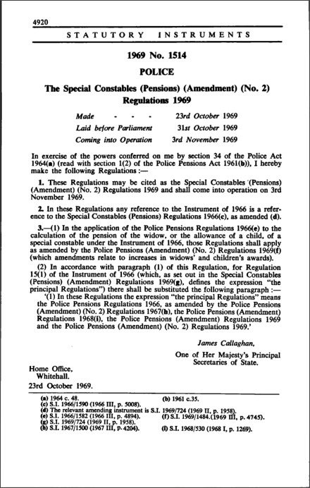 The Special Constables (Pensions) (Amendment) (No. 2) Regulations 1969