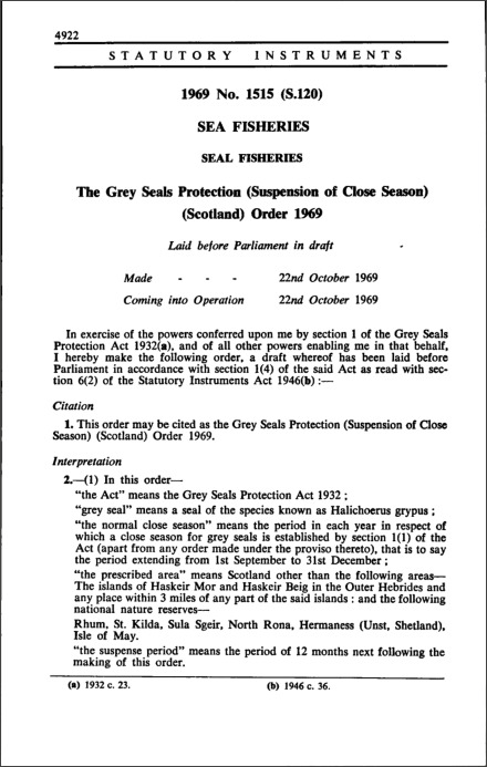 The Grey Seals Protection (Suspension of Close Season) (Scotland) Order 1969