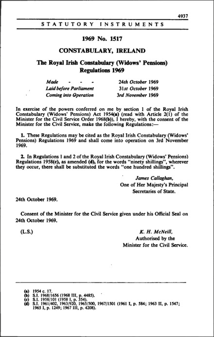The Royal Irish Constabulary (Widows' Pensions) Regulations 1969