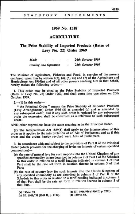 The Price Stability of Imported Products (Rates of Levy No. 22) Order 1969