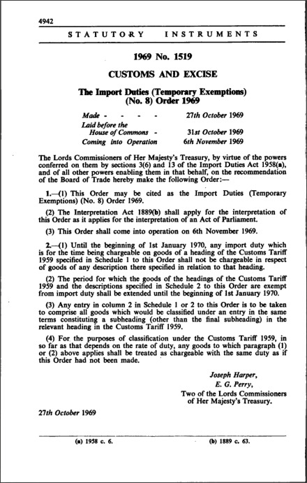 The Import Duties (Temporary Exemptions) (No. 8) Order 1969