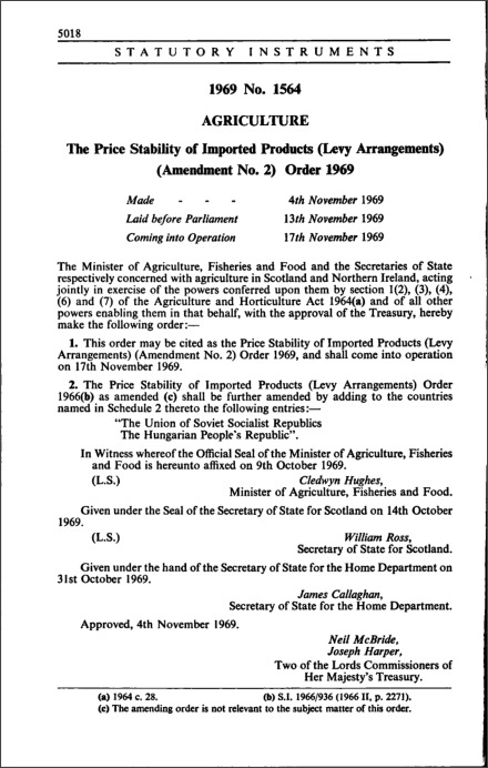 The Price Stability of Imported Products (Levy Arrangements) (Amendment No. 2) Order 1969