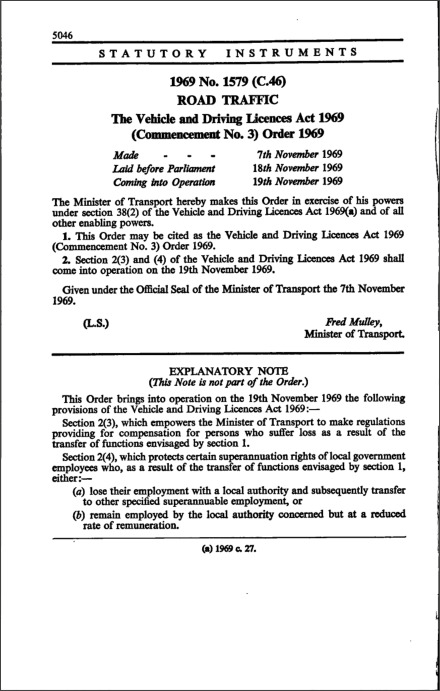 The Vehicle and Driving Licences Act 1969 (Commencement No. 3) Order 1969