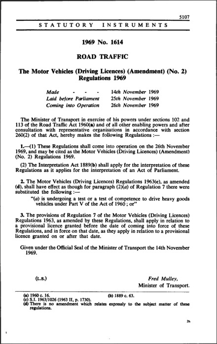 The Motor Vehicles (Driving Licences) (Amendment) (No. 2) Regulations 1969