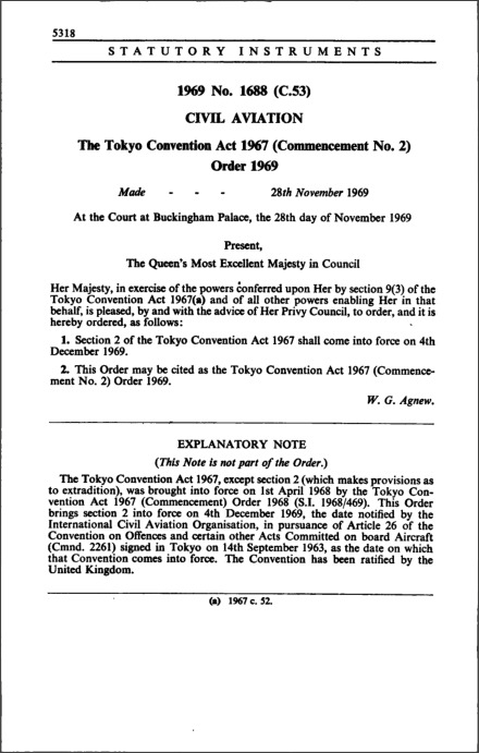 The Tokyo Convention Act 1967 (Commencement No. 2) Order 1969
