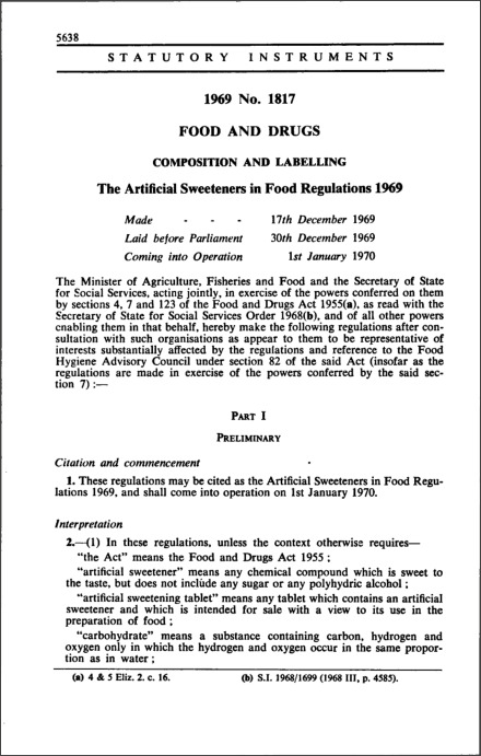 The Artificial Sweeteners in Food Regulations 1969