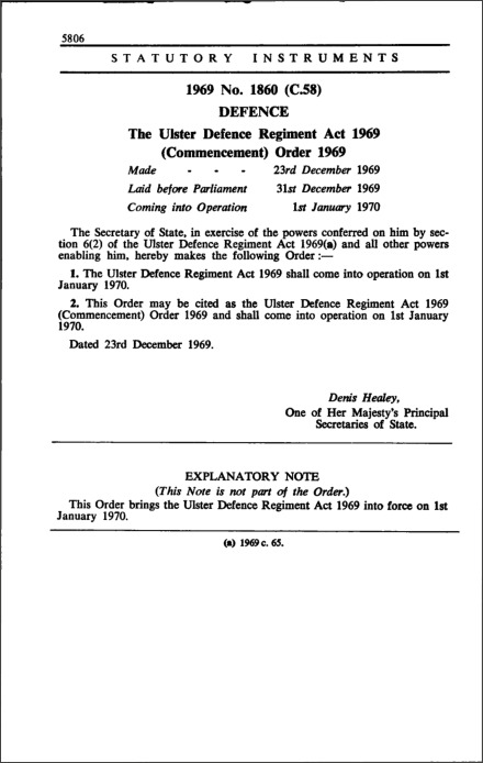 The Ulster Defence Regiment Act 1969 (Commencement) Order 1969