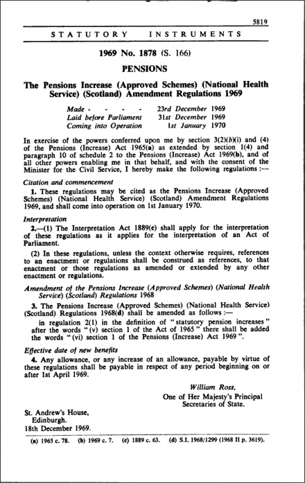 The Pensions Increase (Approved Schemes) (National Health Service) (Scotland) Amendment Regulations 1969
