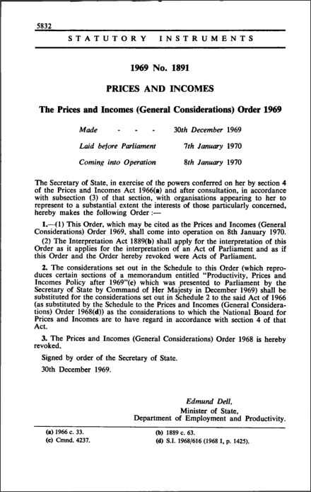 The Prices and Incomes (General Considerations) Order 1969