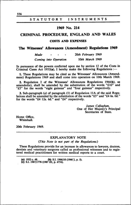 The Witnesses' Allowances (Amendment) Regulations 1969