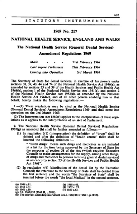 The National Health Service (General Dental Services) Amendment Regulations 1969