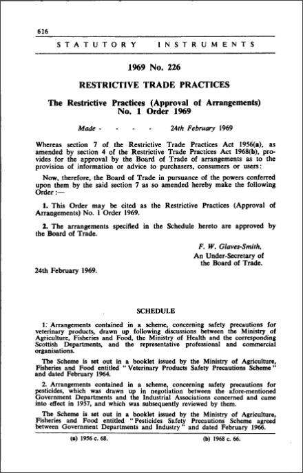 The Restrictive Practices (Approval of Arrangements) No. 1 Order 1969