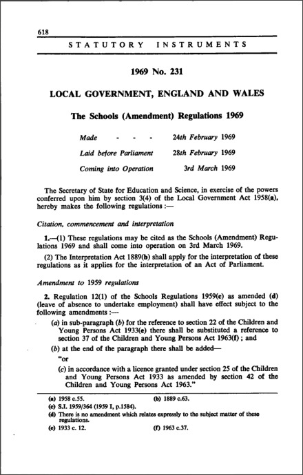 The Schools (Amendment) Regulations 1969