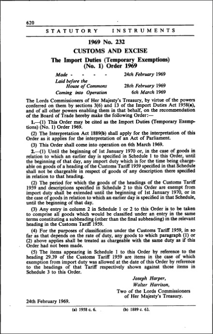 The Import Duties (Temporary Exemptions) (No. 1) Order 1969