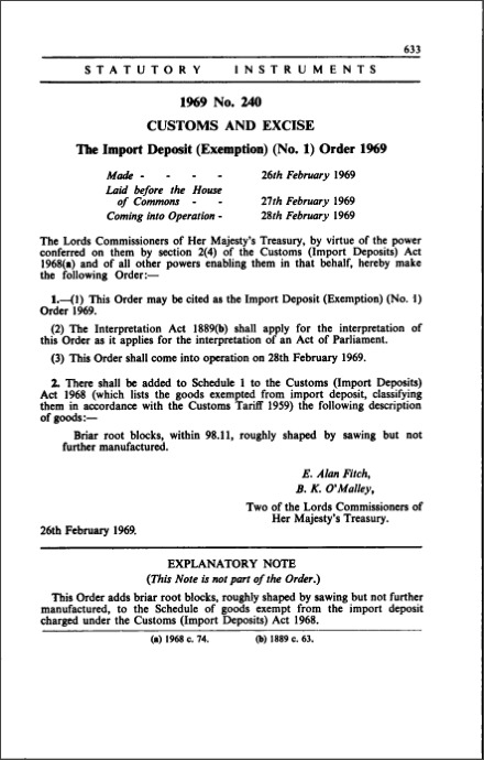 The Import Deposit (Exemption) (No. 1) Order 1969