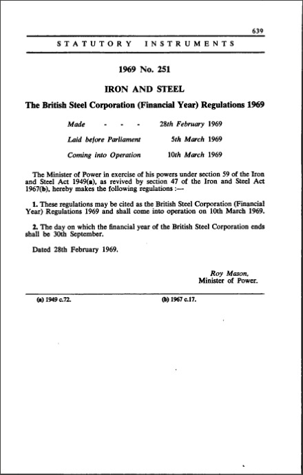 The British Steel Corporation (Financial Year) Regulations 1969
