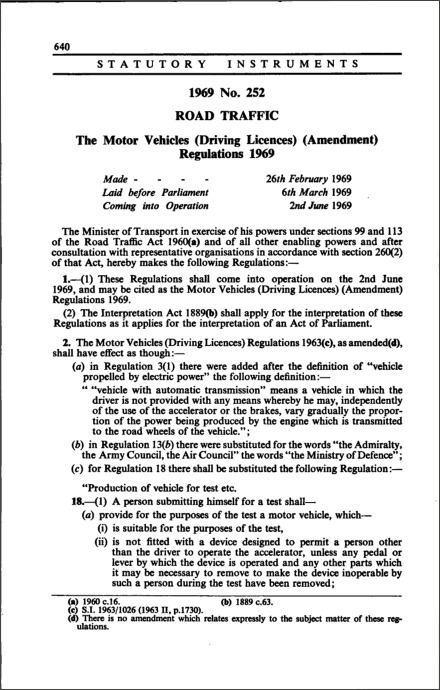 The Motor Vehicles (Driving Licences) (Amendment) Regulations 1969