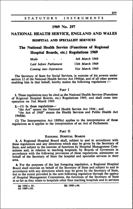 The National Health Service (Functions of Regional Hospital Boards etc.) Regulations 1969