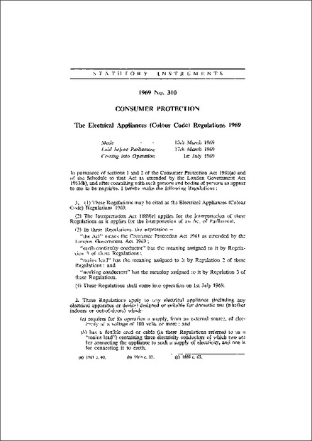The Electrical Appliances (Colour Code) Regulations 1969