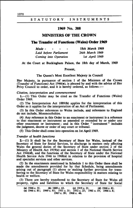 The Transfer of Functions (Wales) Order 1969