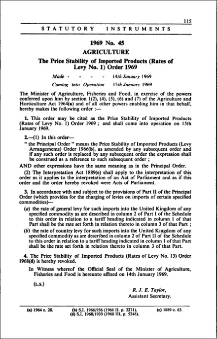 The Price Stability of Imported Products (Rates of Levy No. 1) Order 1969