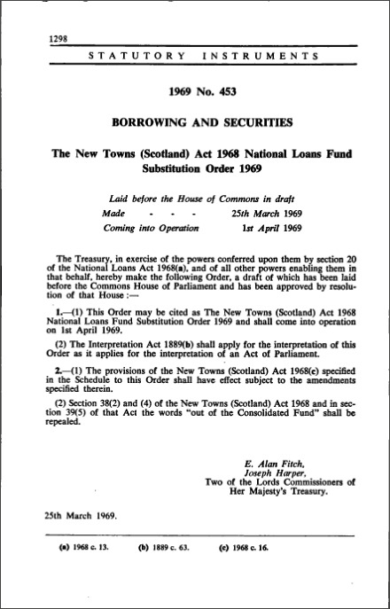 The New Towns (Scotland) Act 1968 National Loans Fund Substitution Order 1969