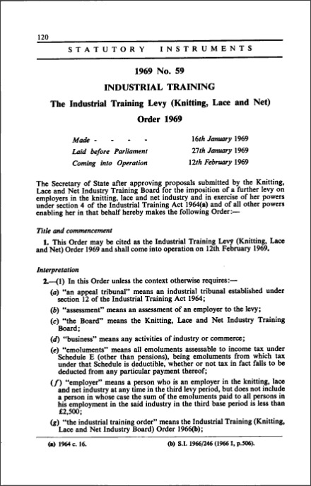 The Industrial Training Levy (Knitting, Lace and Net) Order 1969