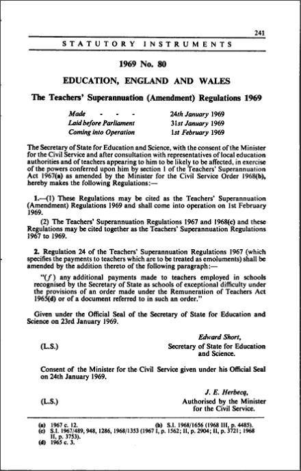 The Teachers' Superannuation (Amendment) Regulations 1969
