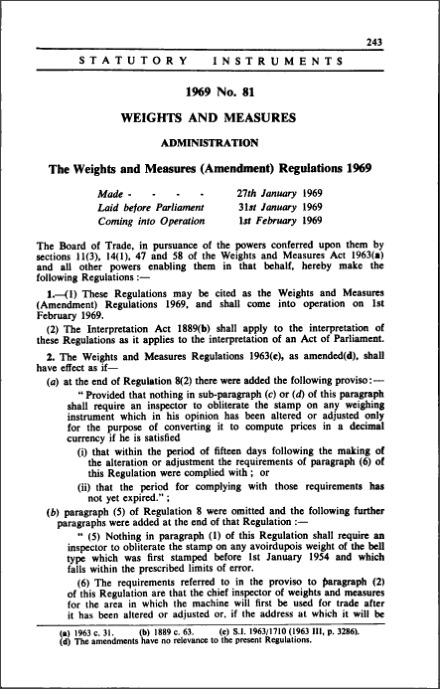 The Weights and Measures (Amendment) Regulations 1969