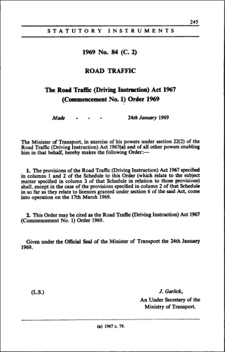 The Road Traffic (Driving Instruction) Act 1967 (Commencement No. 1) Order 1969