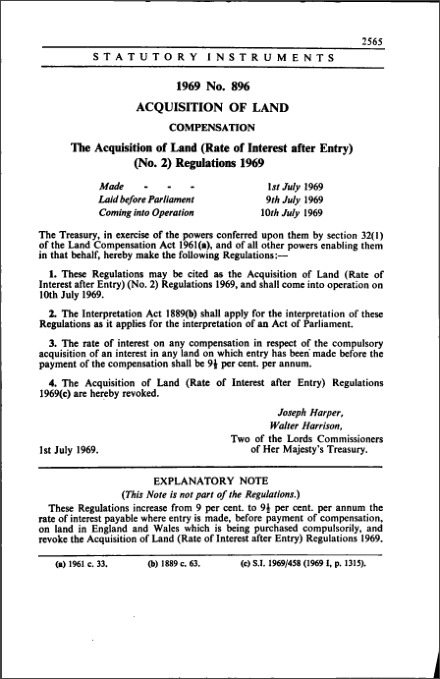 The Acquisition of Land (Rate of Interest after Entry) (No. 2) Regulations 1969