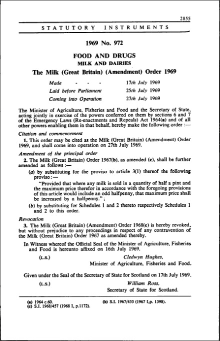The Milk (Great Britain) (Amendment) Order 1969
