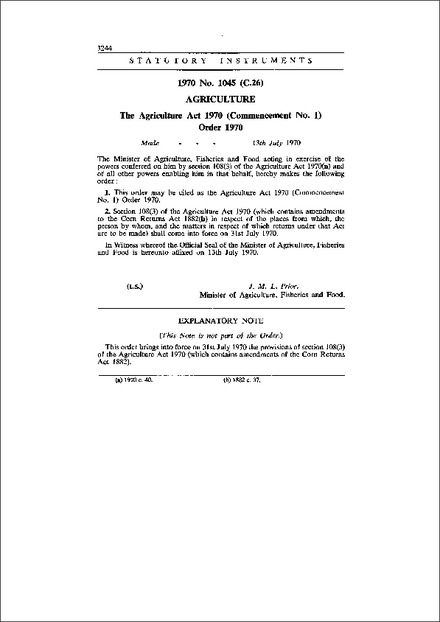 The Agriculture Act 1970 (Commencement No. 1) Order 1970