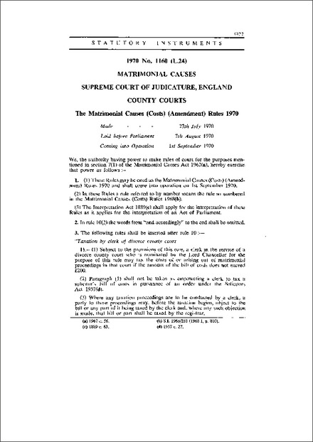 The Matrimonial Causes (Costs) (Amendment) Rules 1970