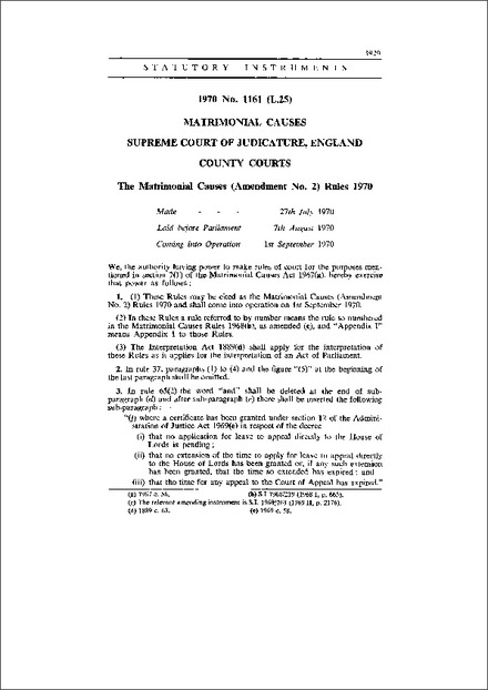 The Matrimonial Causes (Amendment No. 2) Rules 1970
