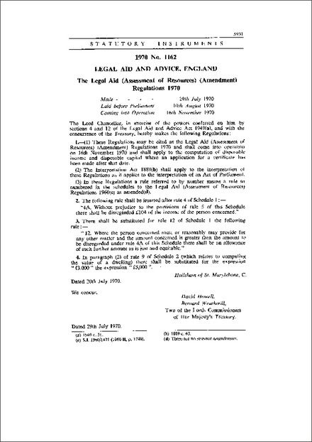 The Legal Aid (Assessment of Resources) (Amendment) Regulations 1970
